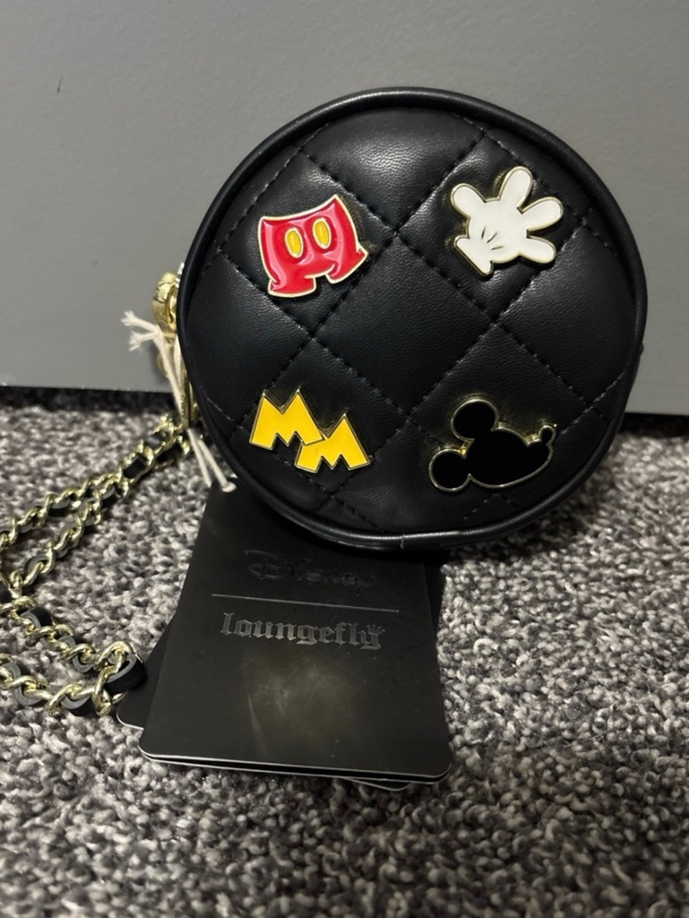 Loungefly Black Quilted Round Coin Wallet with Disney Pin Accents